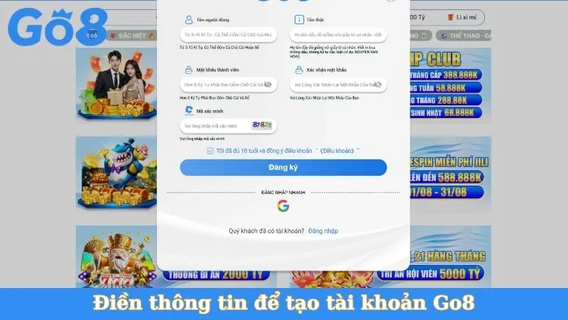 Điền thông tin để tạo tài khoản Go8