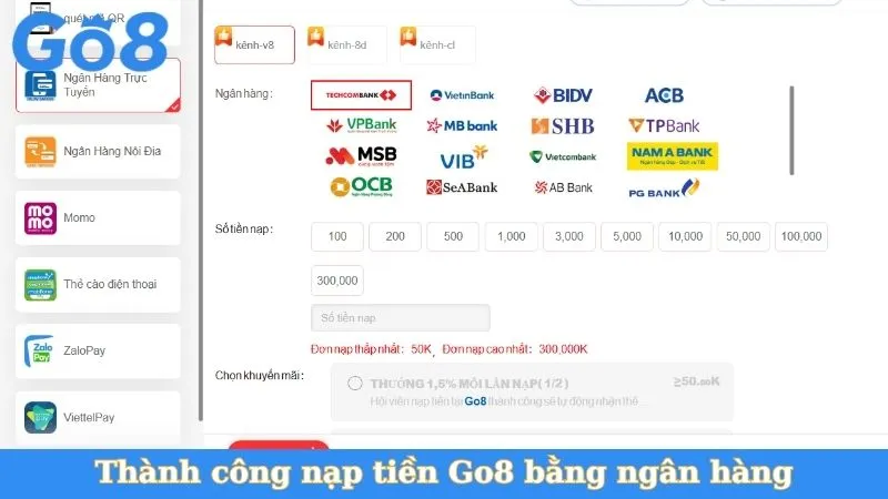 Thành công nạp tiền Go8 bằng ngân hàng